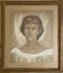 Retrato feminino, pastel sobre cartão, assinada Cabo, canto inferior direito, localizada Mar Del Prata, datada 1958. Protegida por moldura e vidro transparente. Medida da obra 32 x 38cm.