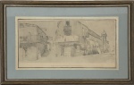 Gravura do MERCADO DE MONTEVIDEO, proteção vidro transparente e moldura patinada. Medida total 59 x 76cm.