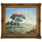 CASEMIRO RAMOS FILHO (Rio de Janeiro 1905 / 1976) - Obra em óleo sobre tela, assinada no canto inferior esquerdo, datada 1957, intitulada no verso "sapucheiro em flor", protegida por moldura de madeira adornada com florões e acabamento em ouro velho. Medida da obra 68 x 58cm. Medida total 76 x 86cm.