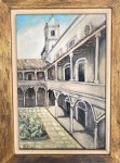 Obra em óleo sobre placa "pátio de igreja", assinada R. H. no canto inferior esquerdo, datada 1975, proteção de moldura de madeira com acabamento em ouro velho. Medida da obra 28 x 43cm. Medida total 43 x 56cm.