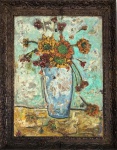 ANDREA BRANDANI - Magnifica obra em óleo sobre placa "vaso de girassol", assinada no canto inferior esquerdo, datada 2007, proteção de moldura de madeira com folhagens. Acompanha certificado cedido pelo próprio artista. Medida da obra 73 x 55cm. Medida total 88 x 70cm.