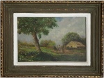 Antiga obra em óleo sobre madeira, "paisagem campestre com figuras humanas", proteção de moldura Kaminagai com carimbo. Medida da obra 28 x 42cm. Medida total 43 x 58cm.