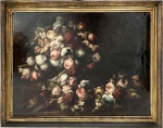 EUROPA SÉC XIX - Obra em óleo sobre tela "flores sobre a mesa", proteção de moldura de madeira com acabamento em folha de ouro. Primeira metade do séc. XIX. Medida total 1,03cm x 81cm.
