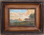 OSCAR TECIDIO  (Rio de Janeiro 1926 / 1995) - Obra em óleo sobre placa, "paisagem com casario", assinada no canto inferior direito, datada 1991, protegida por moldura de madeira acastanhada. Possui Curriculum do artista no verso. Medida da obra 10 x 15cm. Medida total 19 x 24cm.