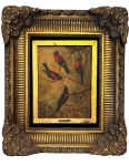 RENATO CATALDI (1909/1981) - Obra em óleo sobre madeira "figuras de pássaros", protegida por magnifica moldura de madeira entalhada com florões. Possui placa com o nome do artista. Medida da obra 27 x 36cm. Medida total 65 x 54cm.