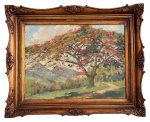 ARMANDO VIANNA (Rio de Janeiro, 1897 - 1992) Obra em óleo sobre tela, "flamboyant", assinada no canto inferior esquerdo, datada 1948, proteção moldura de madeira com entalhes e acabamento em ouro velho. Medida da obra 42 x 33cm. Medida total 44 x 54cm.