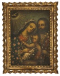 PERU - Magnifica obra cusquenha de origem peruana, representando a "sagrada família", assinada e localizada Peru na parte inferior, proteção de moldura de madeira original com acabamento em folha de ouro e apliques de espelhos. Medida da obra 51 x 70cm. Medida total 73 x 92cm.
