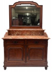 ART NOUVEAU - Magnifico móvel para toilette, dito 'tocador', estrutura em madeira nobre vinhático, parte inferior com dois gavetões protegidos por portas, duas gavetas menores na parte superior que ostenta tampo em mármore Carrara de dois níveis, encimado por espelho de cristal com proteção de moldura de madeira. Estilo e período ART NOUVEAU. Mede 1,80cm altura x 55cm largura x 1,12cm comprimento.