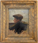JOAQUIN SOROLLA (Espanha 1863 / Espanha 1923) -  Obra em óleo sobre madeira "retrato de jovem", assinada no canto inferior direito, datada 84, proteção de moldura de madeira patinada em ouro velho. Medida da obra 21 x 27,5cm. Medida total 36 x 41cm.