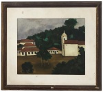ANA MARIA BOLTSHAUSER -  Óleo sobre tela representando "Paisagem com casas e igreja", assinada no canto inferior direito, datada 1980, protegida por paspatur e moldura de madeira no estado. Medida da obra  38 x 46 cm. Medida total 59 x 67cm.