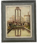 ITÁLIA - Obra italiana em óleo sobre tela representando cidade europeia, assinada no canto inferior direito, protegida por moldura de madeira patinada. Medida da obra 31 x 41cm. Medida total 45 x 55cm.