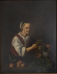 VICENZO IROLLI (Italia 1860 / Italia 1949) - Óleo sobre madeira representando "senhora com frutas". Assinada no canto inferior esquerdo e localizada Napolis. Possui selo brasonado com cera de abelha no verso, proteção de moldura patinada e paspatur. Medida da obra 25cm x 31,5cm. Medida total 47cm x 54cm.