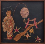 #E- Tapeçaria bordada ao gosto oriental, Gueixa. 58x56,5 cm