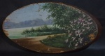 Interessante quadro óleo sobre Madeira "Paisagem". Autor não Identificado. Discretas perdas na pigmentação Med. 22 cm x 42cm
