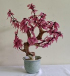 Antiga Arvore chinesa com tronco sinuoso e folhagem com material artístico no tom rosa . Vaso em porcelana celadon medindo 13 cm de altura . Total da árvore 58 cm.