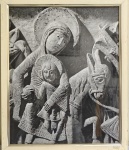 Quadro com fotografia emoldurada. Retrata a fuga para o Egito da Virgem Maria com Menino Jesus no colo montada em um jumento . Essa cena consta na Catedral de Austun na Borgonha /França . Medidas 56 x 47 cm.