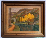 Jean Urruy. Paisagem com rio e barco, aquarela sobre cartão, mede 30 x 40 cm, a.c.i.d.