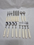 Parte de faqueiro com 14 peças em aço inox com pega em resina. Composto de 3 garfos de mesa, 4 facas de mesa, 2 colheres de sopa, 4 colheres de sobermesa e 4 facas de sobremesa.