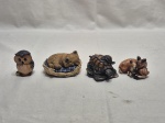 Lote de 4 enfeites na forma de animais em resina e gesso. Medindo o maior 5cm de altura.