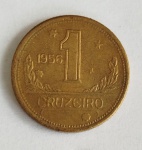 Moeda de bronze alumínio, 1 cruzeiro, 1956, módulo maior, escassa, muito bom estado de conservação.