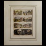 Diferentes aspectos da Estrada de Ferro Principe do Gran Pará. Xilogravura original em cores. Obra de Smallman. Série de 7 atraentes vigentes da região de Petrópolis:1. Fundagrotte und Watterfall2.Duf der Serra. im Bintergrunde dia Tijucaberge3. Bipfel der Serra.4. Unter den Corticobergen5. Bubinibrude.6. Station Petropolis.7. Diabuft über die Fundagrotte.Com lindo passe-partout. 35 x 25 cm (MI). 48 x 57 cm (ME).