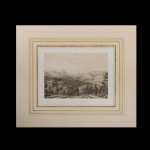 HERMANN BURMEISTER (1807-1892)  Vista de Nova Friburgo. Paisagem do Brasil. Viagens nas províncias do Rio de Janeiro e Minas Gerais. Rara litografia original em sépia do álbum editado na Alemanha, Berlim em 1853. Gráfica Georg Reimer. Proveniência: Book Store Flower  Londres (com timbre). 32 x 49 cm (MI). 56 x 68 cm (ME).