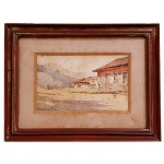 JOSÉ MARQUES CAMPÃO (São Paulo SP 1892 - idem 1949)  Casario. Aquarela s/ cartão. Ass. cie. 11 x 19 cm (MI). 24 X 31 cm (MT). Apresenta sinais do tempo. Pintor. Freqüenta as aulas de pintura de Oscar Pereira da Silva, em São Paulo, em meados de 1905. Entre 1912 e 1918, viaja para Paris (França) onde estuda na École Nationale Superieure des Beaux-Arts Escola Nacional Superior de Belas Artes e na Académie Julian, com Jean-Paul Laurens (1838-1921) e Paul Albert Laurens (1870-1934). Integra a Comissão de Orientação Artística em São Paulo.