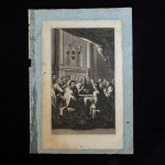 Antiga gravura representando cena bíblica, com Jesus à mesa acompanhado por seus apóstolos. Séc. XVIII.