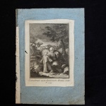 Antiga gravura representando Jesus Menino com São Joaquim, seu avô. Acompanha abaixo a legenda Constituit cum dominum domus suae (Constituiu-o senhor de sua casa). Pequenos danos causados por traças.