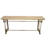 Aparador de formato retangular. Tampo em mármore apoiada em base de ferro. Pernas unidas por travessão. 74 x 184 x 46 cm. Esta disponivel para ser visto. Este lote encontra-se na Granja Julieta, SP. Retirada com agendamento antecipado em nosso Escritório do Leilão  11.5044.1228