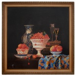 R. VALIER - Frutas. Óleo s/ Eucatex. Ass. e datado, cid. 108 x 108 cm (MI). 126 x 126 cm (ME).