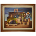 R. VALIER - Natureza Morta com Cavaletes e Frutas. Óleo s/ tela. Ass. e datado 2003, cid. 82 x 101 cm (MI). 114 x 142 cm (ME).