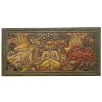 Talha em madeira policromada. Indonésia. 28 x 58 cm.