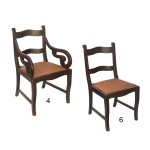 Brasil. Séc. XIX - Conjunto de 10 cadeiras brasileiras em madeira nobre, sendo 4 com braços, do tipo Rabo de macaco. Encostos construídos com par de travessões ondulados, apoiados em assentos quadrangulares sobre saias lisas. Pernas dianteiras levemente recurvas, reunidas às traseiras por traves retas. Estofamento em tecido cor de mel. 87 x 48 x 53 cm. Esta disponivel para ser visto. Este lote encontra-se na Granja Julieta, SP. Retirada com agendamento antecipado em nosso Escritório do Leilão  11.5044.1228.