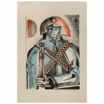 ALDEMIR MARTINS (Ingazeiras, Ceará, 1922 - São Paulo, 2006)  Cangaceiro. Serigrafia PA. Ass. 70 x 50 cm. Obra sem moldura. Pintor, gravador, desenhista, ilustrador. Recorre a um repertório formal constantemente retomado, no qual se destacam: aves, sobretudo os galos; cangaceiros, inspirados nas figuras de cerâmica popular; gatos, realizados com linhas sinuosas; e ainda flores e frutas.