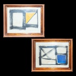 AMILCAR DE CASTRO (Paraisópolis, MG, 1920  Belo Horizonte, MG, 2002)  Pendant. Técnica Mista. Ass. e datado 91, cid (amarelo). Ass. e datado 91, cie. (azul). 30 x 40 cm (MI). 40 x 50 cm (ME). Escultor, gravador, desenhista, diagramador, cenógrafo, professor. Um dos principais artistas plásticos brasileiros do século XX.