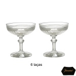 BACCARAT  Raríssimo conjunto de 6 taças para champagne em cristal francês translucido, pertencente ao SERVIÇO DO COMENDADOR ANTÔNIO CARLOS TEIXEIRA LEITE (Filho do Barão de Itambé e pai da Baronesa de São Geraldo). Bojo apresentando monograma com iniciais entrelaçadas. Borda com larga faixa em pastilhado. Fuste serrilhado e base circular. França. Séc. XIX. 11 cm. Destacou-se pela liderança nas comissões de nobres e fazendeiros brasileiros que se organizaram para auferir fundos para construir navios de guerra brasileiros para defender os navios nacionais.