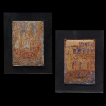 GAETANO MIANI (Troina, 1920 - Roma, 2009)  Série Barcos. Par de placas de cobre esmaltadas montadas em acrílico. Ass. 26 x 18 cm (MI).  36 x 28 cm (MT).