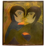 RODRIGUES  Figura. Óleo s/ eucatex. 138 x 128 cm (MI). 143 x 130 cm (ME). Moldura no estado, necessitando de ser trocada. Este lote encontra-se no Jardim Paulista, SP. Retirada com agendamento antecipado em nosso Escritório do Leilão  11.5044.1228.Artista plástico. Obra catalogada e exposta na Galeria Rui Santanna.