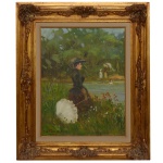 JORGE W. PINEYRUA  Damas no Lago. Óleo s/ tela. Ass. e datado 91. cie. 50 x 40 cm (MI). 72 x 62 cm (ME). Moldura em madeira dourada e entalhada.