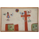 L CALENDA  Igreja do Interior, Rio 1964. Óleo s/ tela. Ass. e titulado no verso. 4 x 80 cm (MI). 56 x 83 cm (ME).