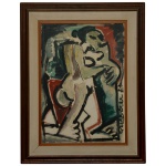 MARTINS DE PORANGABA (Porangaba, São Paulo, 1944)  Nu em Pé. Óleo s/ Eucatex. Ass. e datado 77, cid. 76 x 56 cm (MI). 97 x 77 cm (ME). Pintor, desenhista, gravador e professor. Fixa residência em São Paulo, e cursa desenho, pintura e modelo vivo na Associação Paulista de Belas Artes, entre 1967 e 1970. Na década de 70, estuda gravura com Paulo Mentem e modelagem com Olinda Dalma; e funda o Atelier J. Martins, em 1972. Em 1980, leciona pintura na Escola Panamericana de Artes.