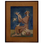 MARIO ZANINI (São Paulo, 1907 - 1971) - São Francisco. Óleo s/ tela. Ass. cid. 74 x 54 cm (MI). 97 x 80 cm (ME). Pintor, decorador, ceramista, professor. Filho de imigrantes italianos, desenvolve sua trajetória artística em São Paulo, onde reside no bairro operário do Cambuci  fato que deixa marcas em sua produção, com predomínio de cenas de uma cidade em transformação.https://enciclopedia.itaucultural.org.br/pessoas/2097-mario-zanini