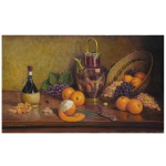 GUERINO GROSSO (Rio Claro, 1907 - São Paulo, 1988)  Natureza Morta com Vinhos, Frutas e Tacho de Cobre. Óleo s/ tela. Ass. e datado 84, cie. 60 x 100 cm. Pintor, desenhista e professor brasileiro.