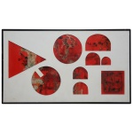 EVELINA VILLAÇA (São Paulo, 1944)  Composição Geométrica em Vermelho. Óleo s/ tela. 94 x 163 cm. Pintora e escultora. É formada em história da arte, na Fundação Armando Alvares Penteado - Faap (1985). Cursou ainda arte contemporânea, no Estúdio Contempoarte (1999); escultura com Cláudio Calia (1993); escultura, no Museu Brasileiro da Escultura (1996); e história da arte (1985), no Mube (1996).Participou de diversas exposições, entre as quais destacamos: 33 Salão da Sociedade Brasileira de Belas-Artes do Rio de Janeiro; 7 Salão de Artes Plásticas na Casa de Cultura de São Lourenço (SP); Coletiva de Pinturas e Esculturas na Casa de Cultura de Araras (SP); 47 Salão Oficial de Juiz de Fora (MG); 1 Exposição de Artes das Arcadas, Faculdade de Direito de São Paulo (1997); Salão Bunkyo da Sociedade Brasileira de Cultura Japonesa(1998); Mostra de Arte Latino-Americana, Memorial da América Latina, SP (1999 e 2001); Salão do Esmalte do Museu Municipal do Esmalte Contemporâneo, Tarragona, Barcelona, Espanha; Salão dos Independentes, Paris, França; "Cotidiano e Imaginário", A Arte da Mulher Brasileira do Século XX (SP); Mostra de Arte Contemporânea "Tempo Aberto", , Espaço Cultural Paineiras do Morumbi (SP); Museu da Casa Brasileira, SP (2001): Exposição de Escultura, Espaço Cultural Caixa Econômica Federal, Brasilia (DF): "intervenção Urbana", Espaço Cultural Caixa Econômica Federal, SP (2002)