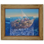 FERRACIOLI (Luiz Carlos Ferracioli - Mococa, SP, 1949)  Barco com Figuras. Ass cie. Ass, titulado e datado 9-95 no verso. 80 x 100 cm (MI). 105 x 126 cm (ME). Pintor. Autodidata, durante a década de 1960 se dedica a pintura com influências de arte pop, e trabalha com diversos temas como a Guerra do Vietnã, o poder negro, a filosofia hippie, entre outros. Na década de 1970, participa ativamente do "Movimento de Arte e Pensamento Ecológico", um dos primeiros a tratar da preservação do meio-ambiente.https://enciclopedia.itaucultural.org.br/pessoas/2712-ferracioli