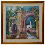 ERICO DA SILVA Brasil, Santa Catarina, Itajaí, 1932)  Ruinas. Óleo s/ tela. Ass cie. Ass. e titulado no verso. 78 x 78 cm (MI). 104 x 105 cm (ME). Pintor, cenógrafo, vitrinista, ourives, cartazista e ilustrador. https://enciclopedia.itaucultural.org.br/pessoas/6788-erico-da-silva