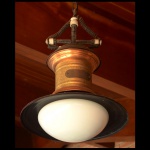 THOMSON-NY-USA - Luminária americana de teto, com bojo cilíndrico em cobre vermelho, sustentando chapéu circular preto centralizando cúpula piriforme em vidro leitoso. Parte superior com coroa dourada encimada por suporte em cruz e corrente. Fabricante: THOMSON Enclosed Arc Lamp - Electric Co. Completo. Possui o suporte da parte de cima original. 42 x 35 cm.