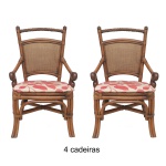 Conjunto de 4 cadeiras de braços, do sudeste asiático, com estruturas retas em bambu. Encostos no formato de trapézio centralizando tabelas em palhinha trançada. Braços retos rematados em volutas. Assentos realçados por almofadas em tecido com folhagens vermelhas sobre fundo branco. Pernas duplas levemente recurvas, com amarração em X nas bases. Importada pela Sierra Móveis. Apresentam placa de identificação da loja e estofamento novo. 95 x 52 x 47 cm.