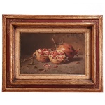 EDGAR OEHLMEYER (Rio Claro, SP 1909 - SP 1967) - Natureza Morta com Romãs. Óleo s/ madeira. Ass. e datado 1965, cie. 22 x 33 cm (MI). 39 x 50 cm (MT). Moldura Molnar. Obra adquirida diretamente do acervo do artista. Estudou no Instituto Profissional de Rio Claro, onde foi aluno de Carlos Hadler. Posteriormente, estudou pintura com Antônio Rocco e Amedeo Scavone. Em 1941 realizou exposição individual em São Paulo e em 1970 a Sociarte reuniu 56 obras suas em exposição.